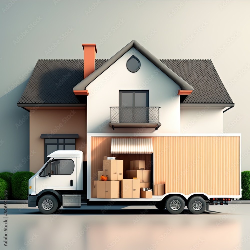 Truck with house furniture and cardboard boxes, side view. Shipping ...