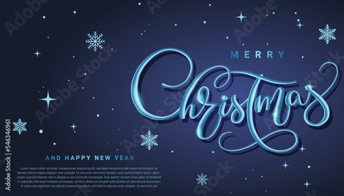 Merry Christmas blue greeting card with 3d typography vector on the snowflake