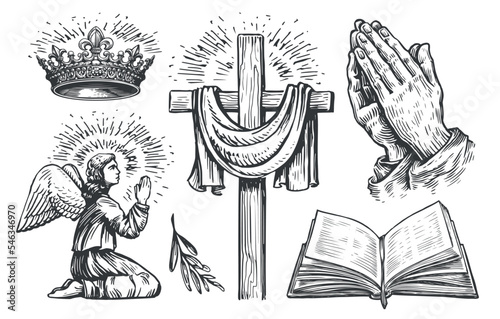 Christian cross, Praying angel, open Holy Bible, Hands in prayer, Crown of the king of God. Religion concept, symbols