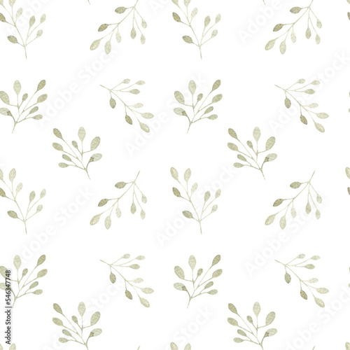 Watercolor pattern with golden leaves, twigs with leaves, botanical illustration