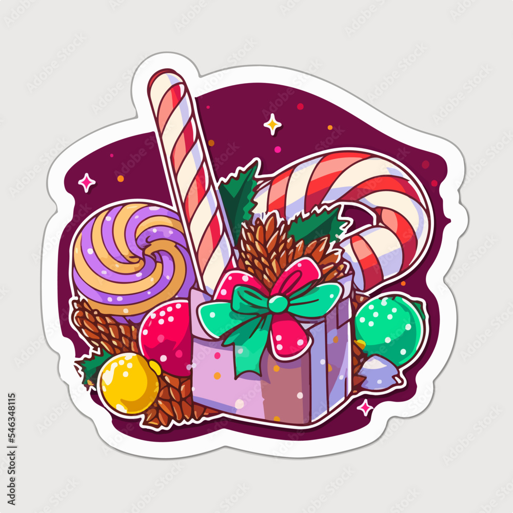 Christmas candy cartoon sticker, xmas sweets stickers with ornament. New-year collection