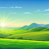 2r illustrated illustration of beautiful summer fields landscape with a dawn, green hills, bright color blue sky, country background in flat cartoon style banner.