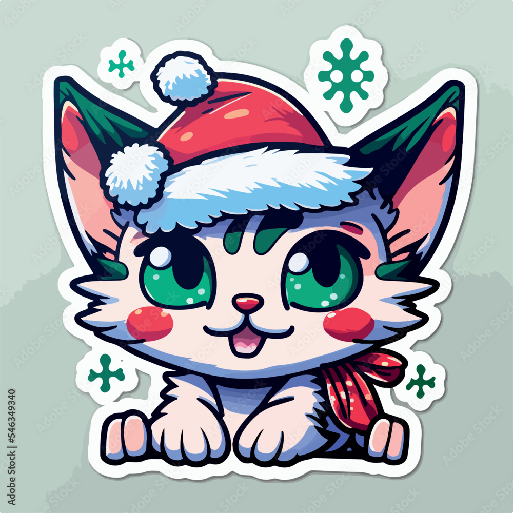 Christmas cat cartoon sticker, xmas kitty stickers pack. Winter holidays