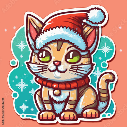 Sticker template with christmas cat  xmas kitty character stickers. Winter holidays
