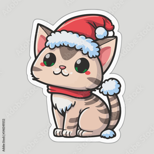Christmas cat cartoon sticker, xmas kitty stickers with ornament. Winter holidays