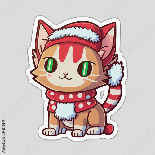 Christmas cat cartoon sticker  xmas kitty character stickers. Winter holidays