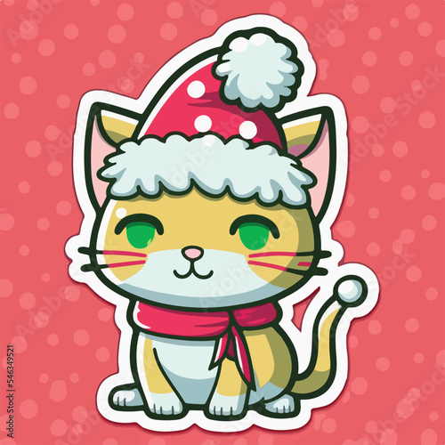 Christmas cat cartoon sticker  xmas kitty printable stickers sheet. Multicolor