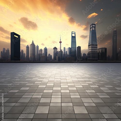 Empty square floor and city skyline at sunset in Shanghai.