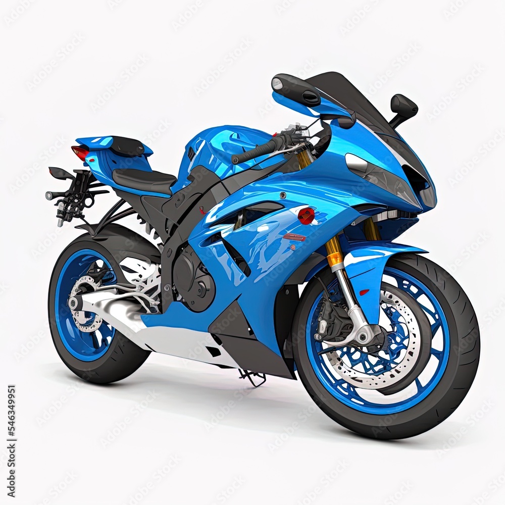 Blue sport bike simulator for sporty lifestyle side view 3d render on white background no shadow