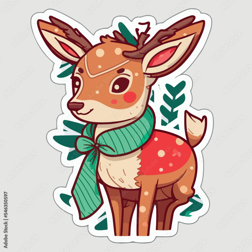 Fototapeta premium Christmas deer cartoon sticker, xmas reindeer stickers elements. Winter holidays