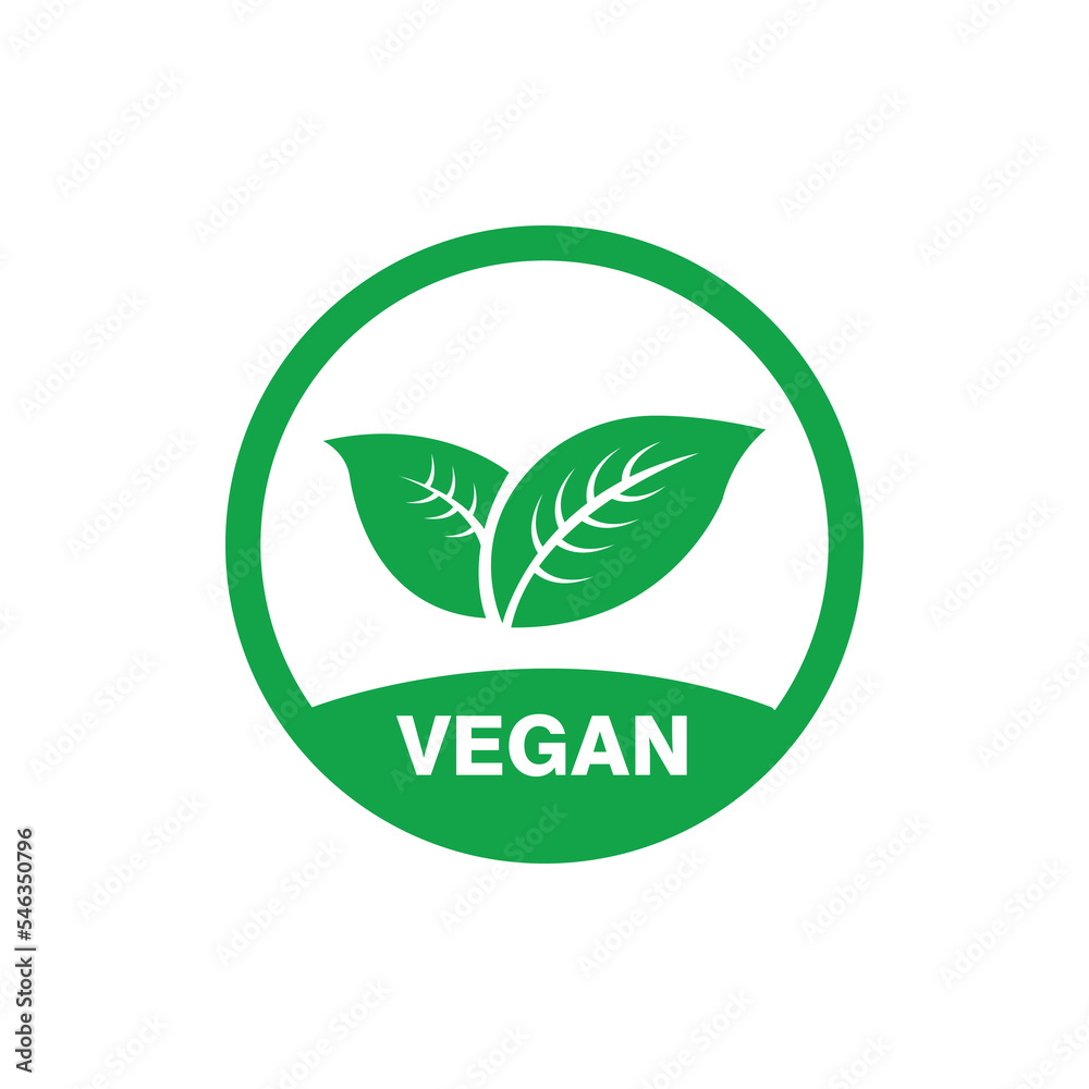 Vegan icon vector. Organic, bio, eco symbol. Vegan, no meat, lactose free, healthy, fresh and non-violent food. Green round vector illustration with leaves for stickers, labels and logos