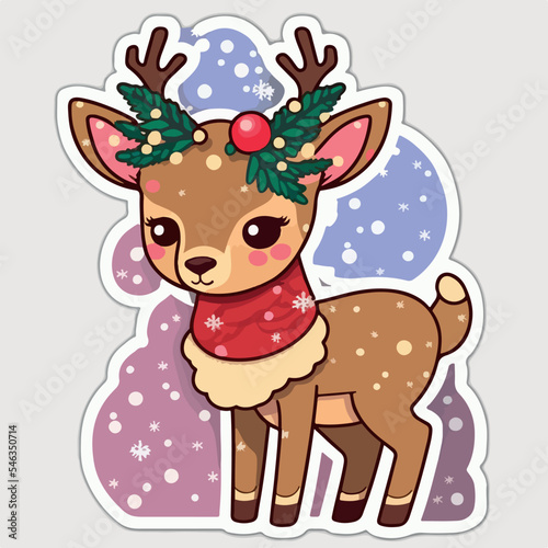 Christmas deer cartoon sticker  xmas reindeer stickers isolated decoration. New-year collection