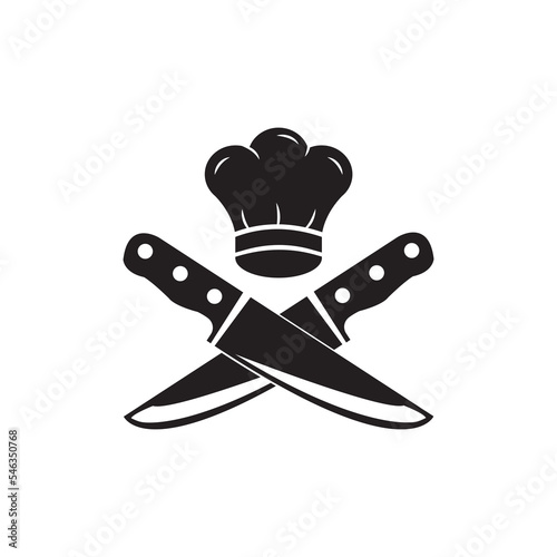 Chef logo with chef's hat and knives icons. Cooking vintage logo. Cooking Classes template logo. Label, badge for food studio, cooking courses, culinary school. Vector illustration