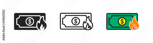 Burning dollar bill icon on white background. Money loss concept. Inflation, crisis, bankruptcy symbol. Simple flat design.