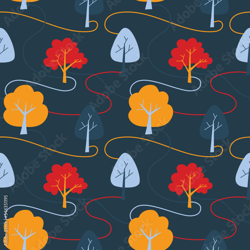 Vector pattern with cute Scandinavian multicolored trees in the style of doodle, hugge