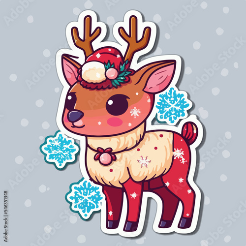 Sticker template with christmas deer  xmas reindeer stickers pack. New-year holidays