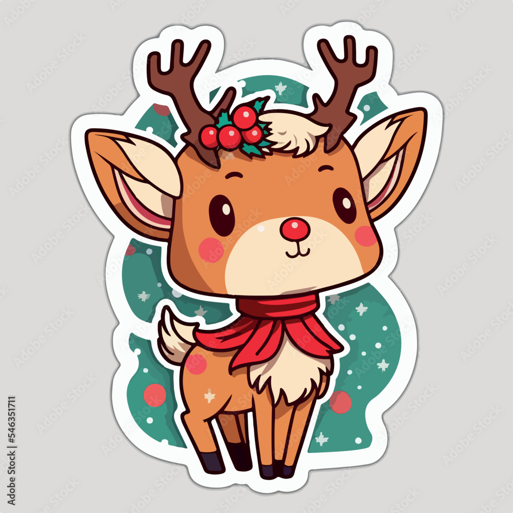 Christmas deer cartoon sticker, xmas reindeer stickers with ornament. Winter collection