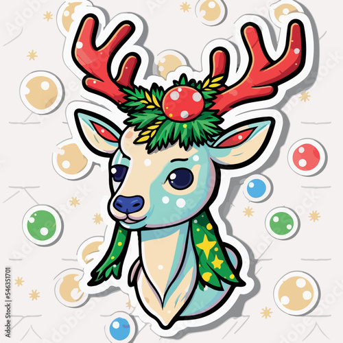 Christmas deer cartoon sticker, xmas reindeer stickers isolated decoration. Winter collection