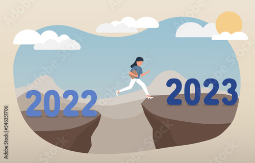 Businessman jumping above two mountains, concept of change from 2022 to 2023, moving forward, hopes, goals, overcoming obstacles and problems. Vector illustration eps10.