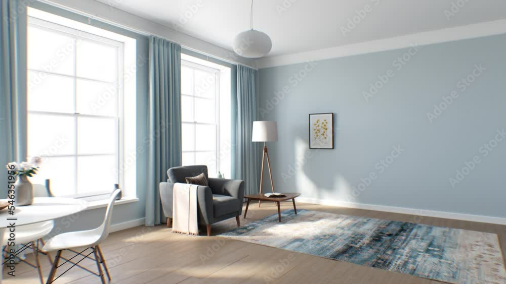 Interior Building Up Time-Lapse 3d Animation. Fast Living Room Furnishing Process Modern Style. Filling Home with Furniture. Architecture, Repair and Decoration Concept 4k UHD 3840x2160.