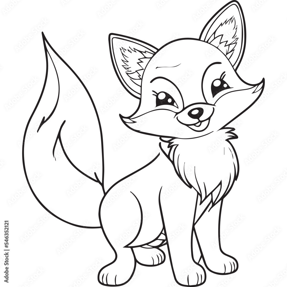 Naklejka premium Happy fox cartoon outline illustration. Coloring book for children. Black and white vector drawing. Cute wild animal. Isolated school education game. Simple cheerful design for kids. Comic sketch 