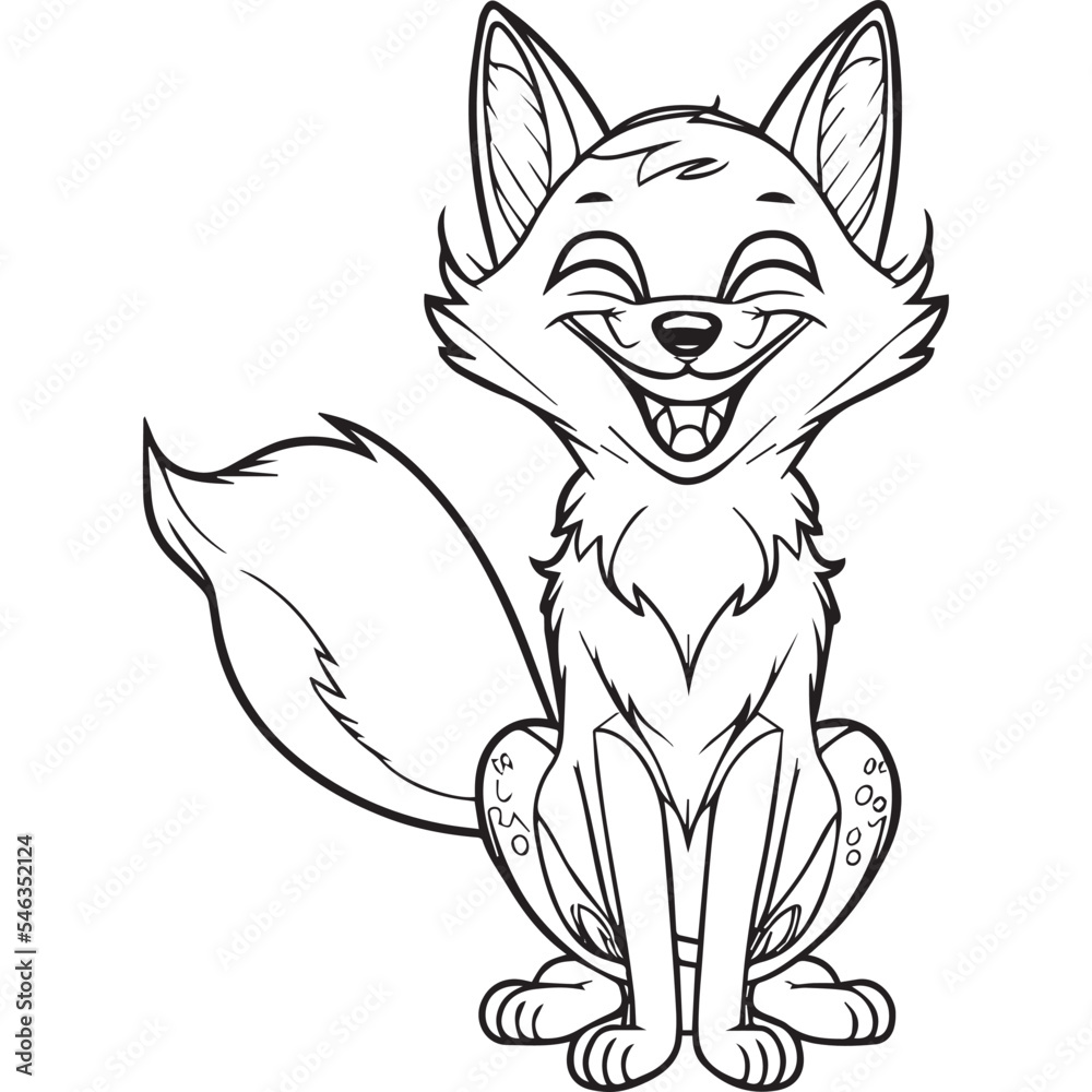 Happy fox cartoon outline illustration. Coloring book for children. Black and white vector drawing. Cute wild animal. Isolated school education game. Simple cheerful design for kids. Comic sketch 