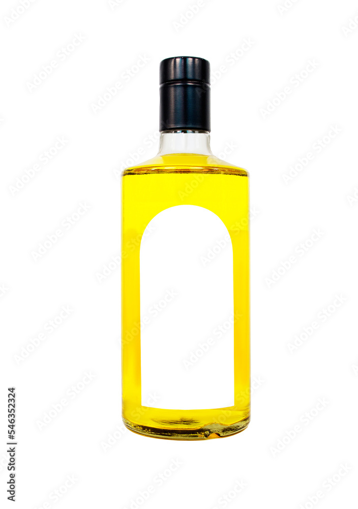 Bottle with black cap and blank label isolated with drink or liquid of yellow color. Bottle with black cap and blank label isolated with drink or liquid of yellow color.