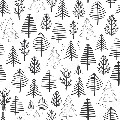 Christmas seamless pattern with monochrome trees, forest, woods. Good for nursery textile prints, wallpaper, bedding, scrapbooking, stationary, wrapping paper, etc. EPS 10