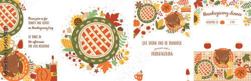 Thanksgiving dinner poster set with thanksgiving turkey, pumpkin pie, food, thanksgiving dinner table card. Friendsgiving autumn festival floral invites collection. Cute fall vector illustration.