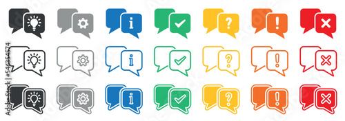 Set of icons question mark, check mark, exclamation, information sign, cross, work, idea. Speech bubbles, FAQ signs.