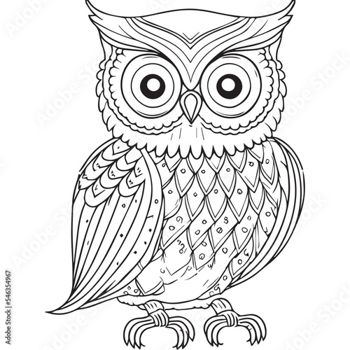 Owl outline vector illustration. Coloring book for children. Cartoon bird in black and white  drawing. Happy wise animal in nature. Fun isolated for coloring page. School activity for kids. 