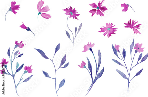 Watercolor illustration set with abstract purple flowers, branches, leaves. Decorative floral elements. Hand painting isolated on white . For cards, wrapping, packaging design or print. Vector EPS.