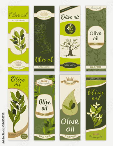 Set template of labels or stickers for bottles or cans of tin or packaging of Vegetable Olive Oil.Traditional retro graphic with flowers olives leaves tree and olive twigs.Editable vector