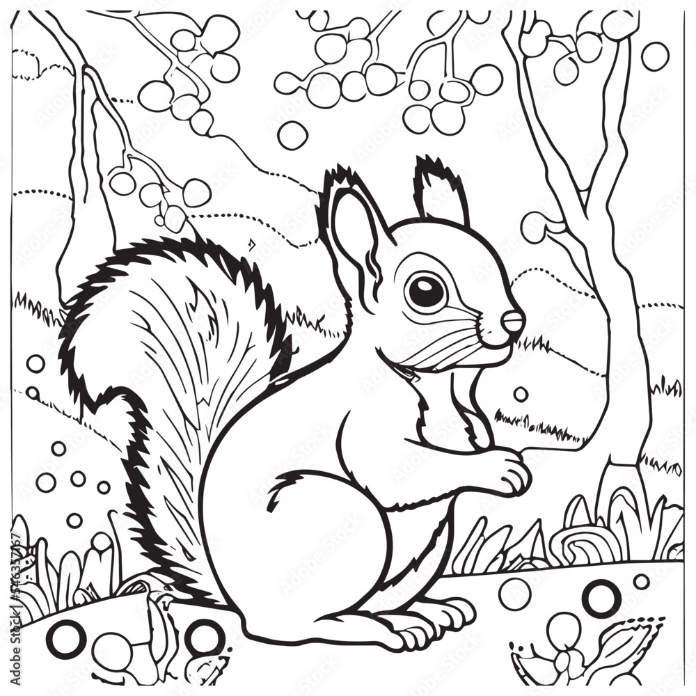 Fototapeta premium Squirrel outline vector illustration. Coloring book for children. Cartoon wild animal in black and white drawing. Happy mammal in nature. Fun isolated for coloring page. School activity for kids.