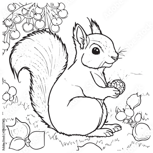 Squirrel outline vector illustration. Coloring book for children. Cartoon wild animal in black and white drawing. Happy mammal in nature. Fun isolated for coloring page. School activity for kids. 