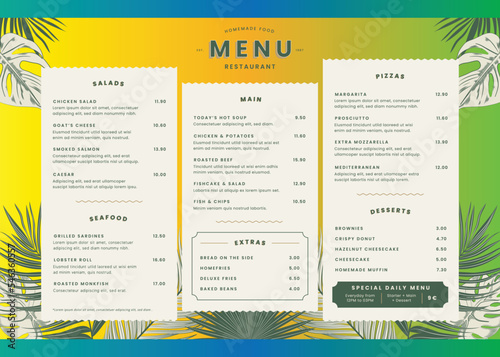 restaurant menu template with tropical leaves vector design illustration