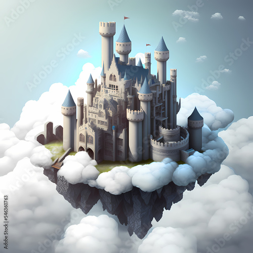 3d isometric ancient floating castle in the clouds