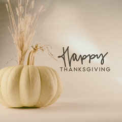 Modern and minimalism style with white pumpkin and Happy Thanksgiving greeting background.