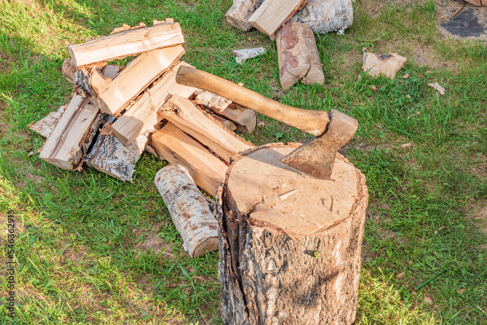 Closeup tools for hand chopping firewood Closeup tools for hand chopping firewood