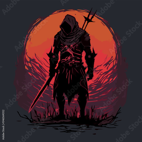 Epic warrior in medieval fantasy. Vector illustration of soldier with sword going on adventure. RPG video game concept art. Hero in armour explorring, ready to battle. Knight traveling in a fairytale