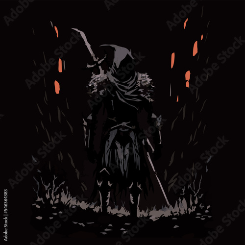 Epic warrior in medieval fantasy. Vector illustration of soldier with sword going on adventure. RPG video game concept art. Hero in armour explorring, ready to battle. Knight traveling in a fairytale
