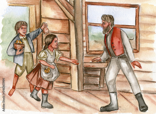 Hansel and Gretel watercolor fantasy illustration. Hand drawn book story. Children fairy tales 