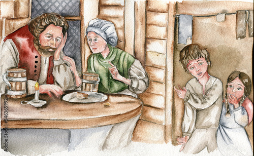 Hansel and Gretel at parens  house.Parents decide to leave children in a forest. Hansel and Gretel listening. Watercolor fantasy illustration. Hand drawn book story. Children fairy tales  photo