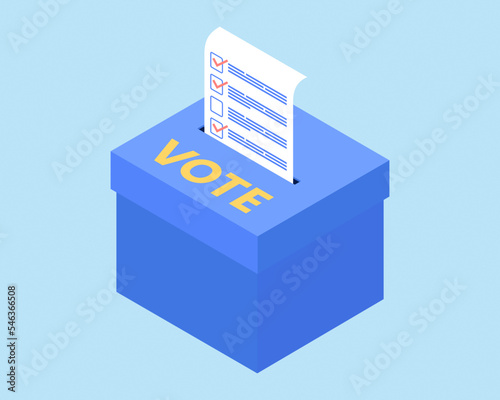 Online Voting System flat cartoon isometric vote box isolated on blue background