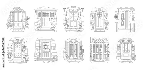 House doors vector set, vintage doorway front entrance, wooden entry with glass window, frame and doorknob, indoor house wall interior, medieval building doorpost, doorsill and gate isolated on white