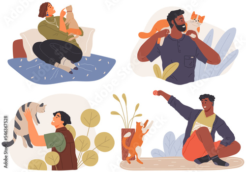 Set of pet owners with cats. Collection of people playing, hugging, cuddling with animal friends. Men and women spend time with pets. Characters with cute house animals, kittens, human companions