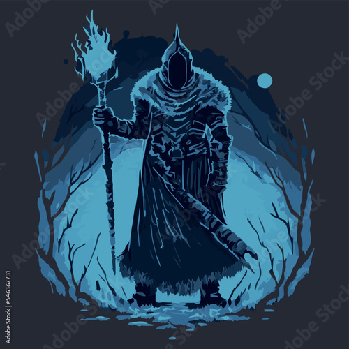 Frost  mage vector illustration.  Dark wizard. Fairytale sorcerer casting and firing a spell, Cold witchcraft. Mystery rpg hero. Video game character. Necromancer with staff and wand. Ancient magic. photo