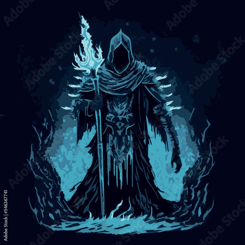 Frost  mage vector illustration.  Dark wizard. Fairytale sorcerer casting and firing a spell, Cold witchcraft. Mystery rpg hero. Video game character. Necromancer with staff and wand. Ancient magic.