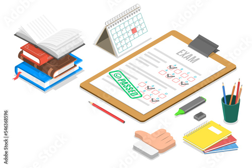 3D Isometric Flat Conceptual Illustration of Paper Based Exam