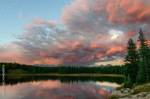 Beautiful landscape of Jackson Reservoir in Colorado with pine trees on the sunset